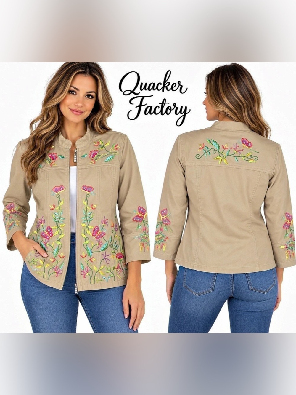 Quacker Factory Women’s Medium Embroidered Floral Butterfly Zip Jacket Khaki NWO